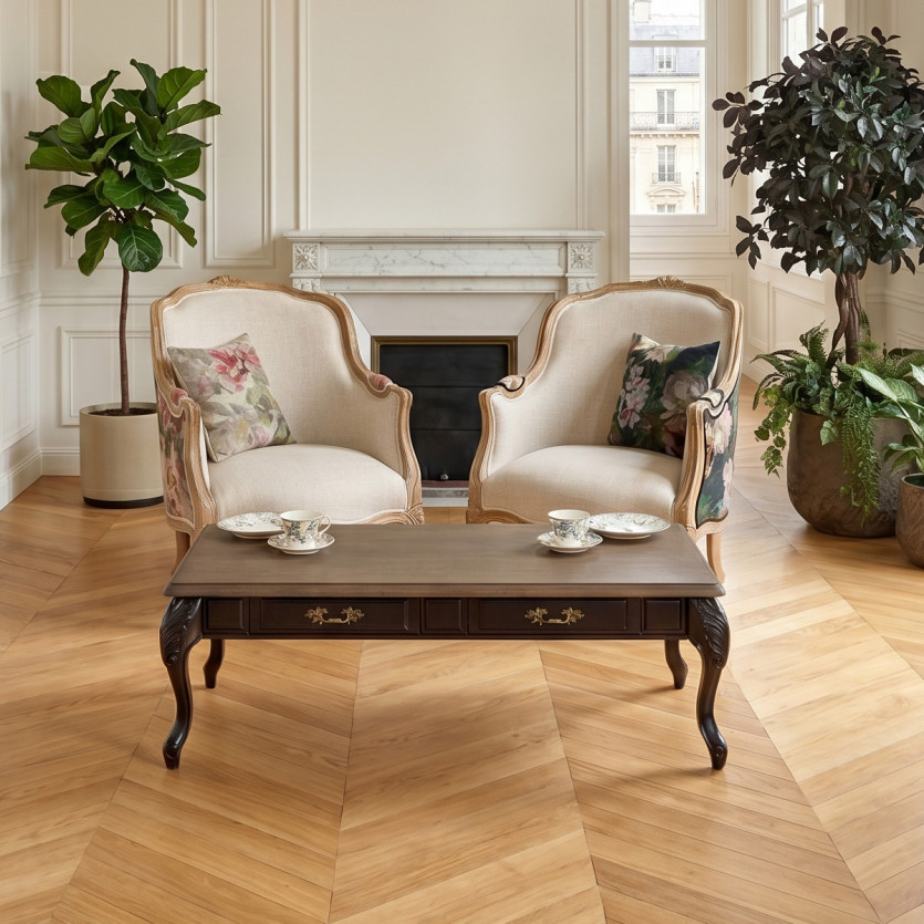 MARIANNE -Table basse style shabby chic, plateau en chêne, pieds noirs, 4 tiroirs