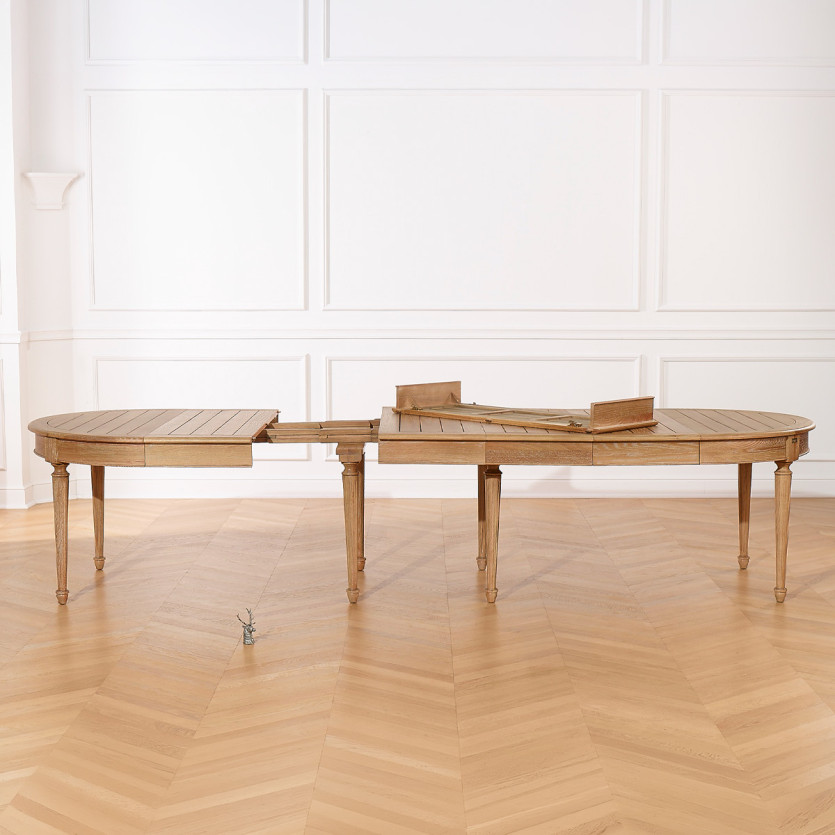 Mesa de comedor extensible GIOVANNI - Estilo romántico, tablero de roble macizo, 6/14 cubiertos