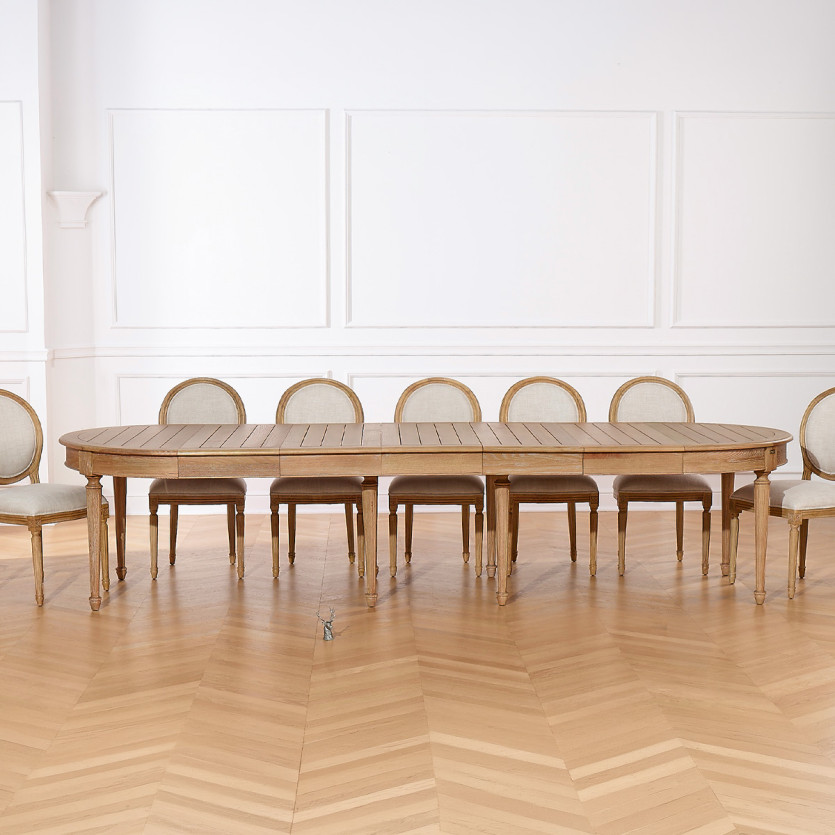 Mesa de comedor extensible GIOVANNI - Estilo romántico, tablero de roble macizo, 6/14 cubiertos