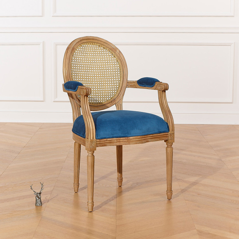 MEDAILLON – Klassieke cabriolet fauteuil, rietwerk, fluweel en massief hout, FSC®-gecertificeerd hout, 1 zits