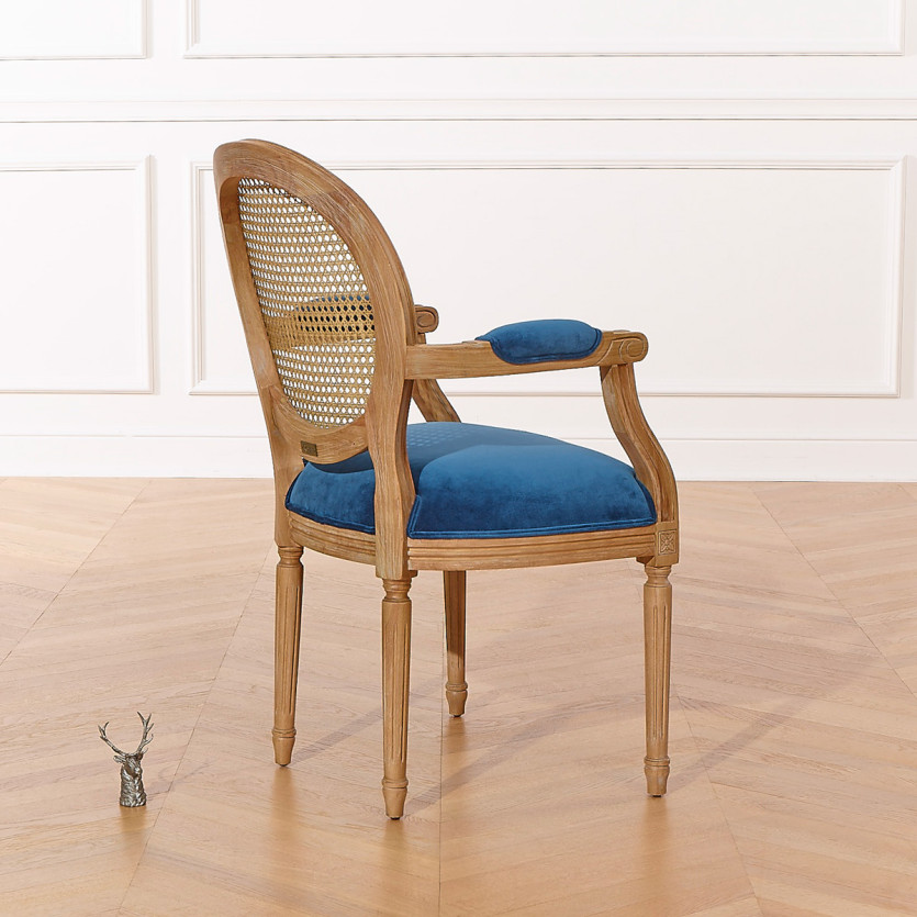 MEDAILLON – Fauteuil cabriolet style classique, cannage, velours et bois massif, bois certifié FSC®, 1 place