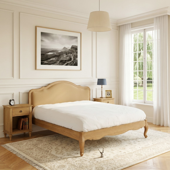 RALPH CAMEL Double Bed - Romantic style in oak and premium linen 160 x 200