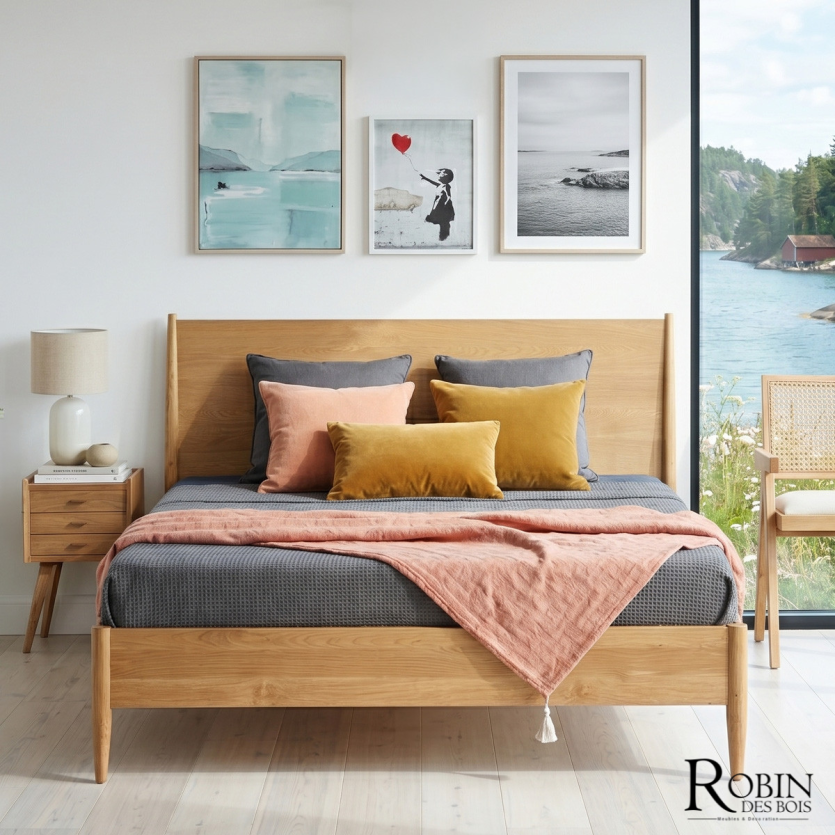 Lit double DALHIA - Style scandinave en bois, 160 x 200
