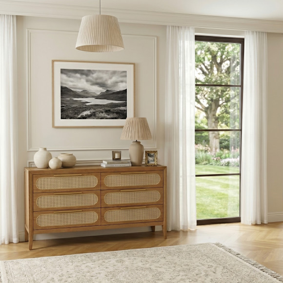 MONTANA - Commode en chêne et cannage style moderne, 6 tiroirs