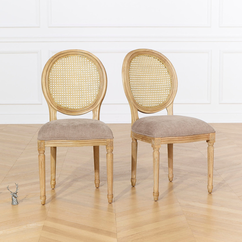 Set aus 2 MEDAILLON-Stühlen - Shabby Chic Stil aus Massivholz, Rückenlehne mit Geflecht