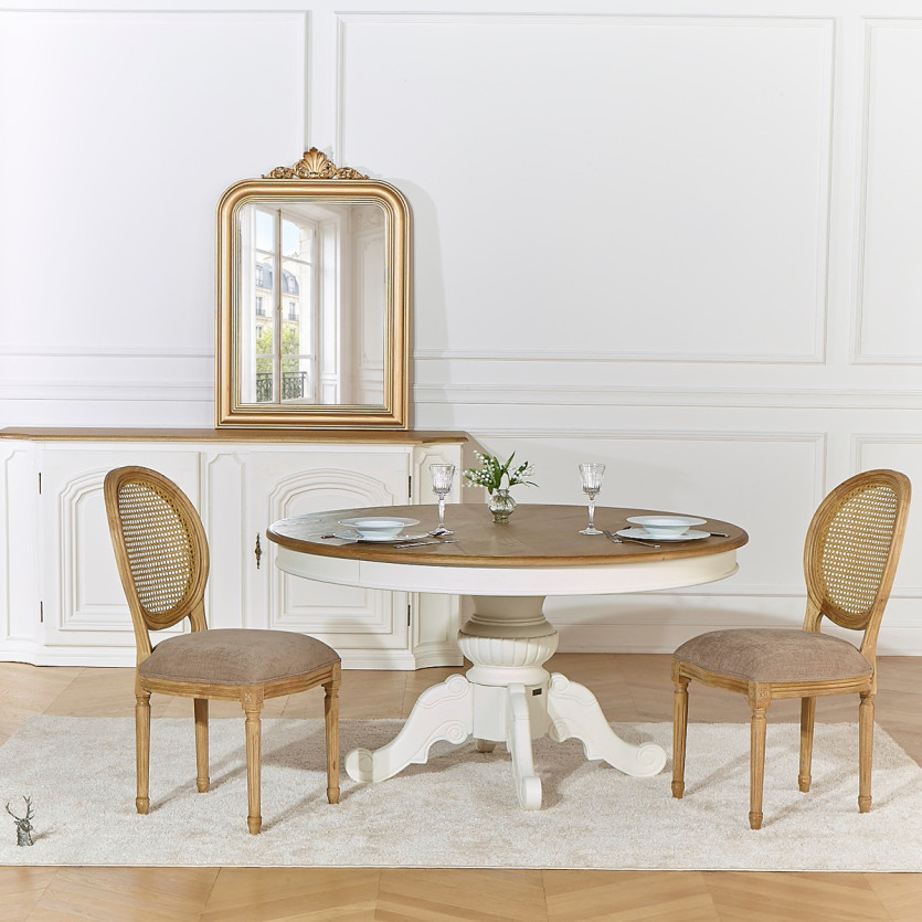 Juego de 2 sillas MEDAILLON - Estilo shabby chic en madera maciza, respaldo de rejilla.