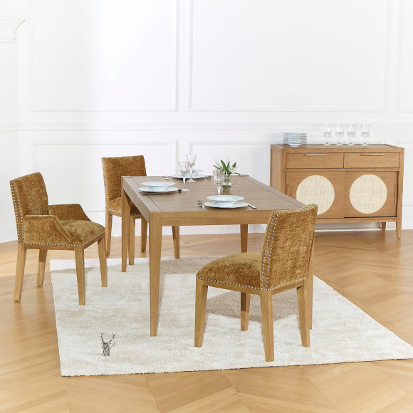 CLARA Table Chair - Industrial style in solid wood and cognac textured fabric, 1 seat