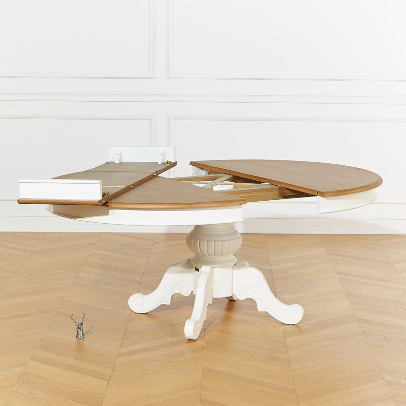 AMBOISE - White extendable dining table, oak top, 6 / 8 seats