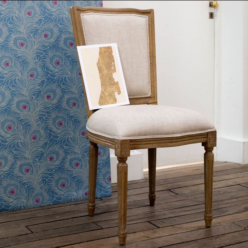 Chaises Marie Antoinette, patine bois cérusé grisé, lin prémium