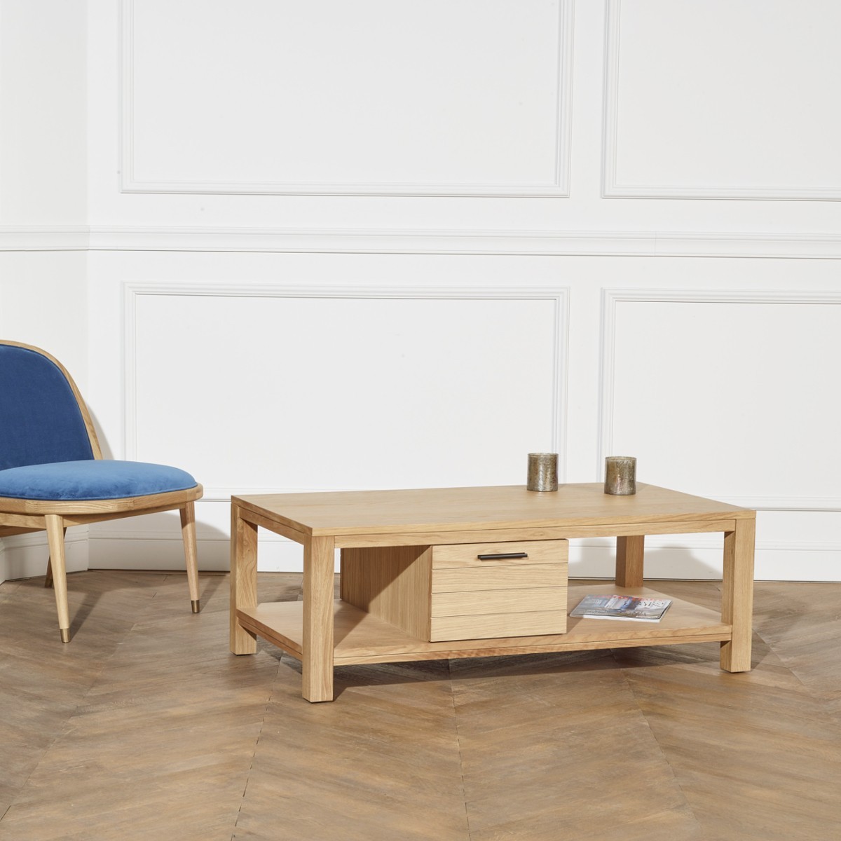 Mesa de centro de madera, roble claro, doble tablero, 1 cajón