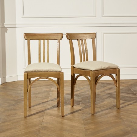 Chaises bistrot CALBAR, chêne massif, coussins lin naturel, lot de 2