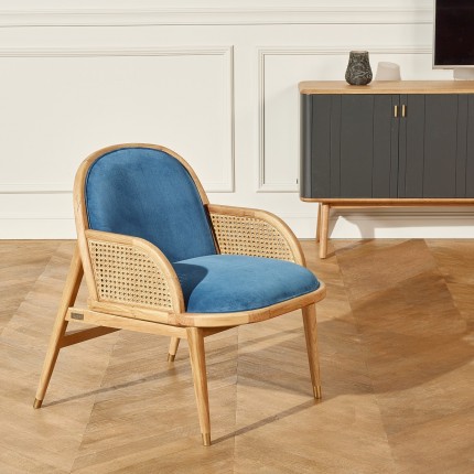 Fauteuil Scandinave chêne en cannage et velours Marcel