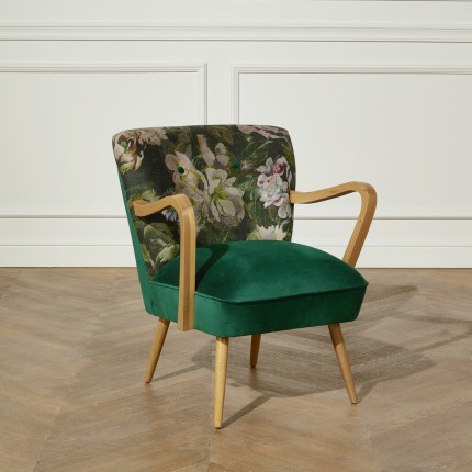 Fauteuil vintage SIXTY GRAPHITE, lin imprimé et velours