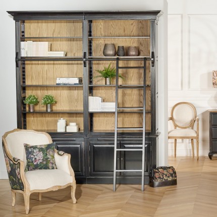 FRANCOIS - Bibliothèque salon style romantique avec échelle coulissante, 4 portes et 8 étagères