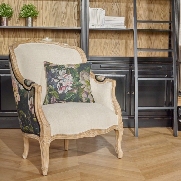 Poltrona bergère VICTOR GRAPHITE - Estilo regência, linho estampado e linho premium, madeira maciça, 1 lugar