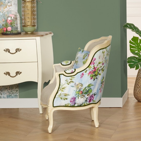 VICTOR MERVEILLES - Shabby chic style bergère armchair in printed linen and solid wood, 1 seat