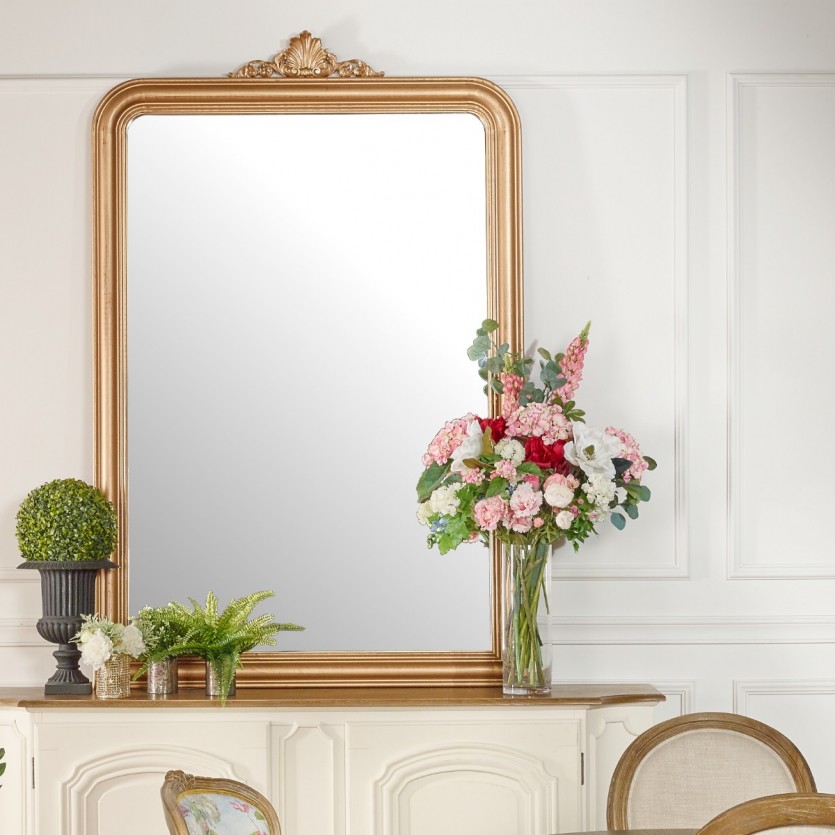 Grand miroir de salle à manager en bois doré style shabby chic