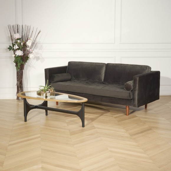 JONAS - Skandinavisches Sofa aus Samt und Holz, gepolsterte Sitzfläche, 3-Sitzer