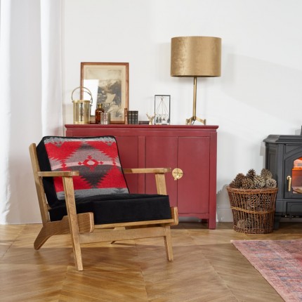 Fauteuil vintage lounge ALESIA BLACKSTONE, chêne et velours