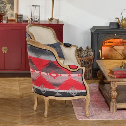 Bergère Armchair VICTOR NAVAJO - Chalet style in printed wool, natural linen, and solid wood, 1 seat