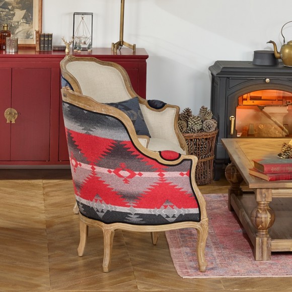 Bergère Armchair VICTOR NAVAJO - Chalet style in printed wool, natural linen, and solid wood, 1 seat