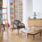 MARCEL GRAPHITE - Fauteuil designer style scandinave en rotin, chêne et velours, 1 place