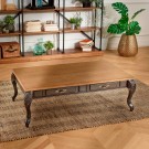 MARIANNE -Table basse style shabby chic en chêne, pieds noirs, 4 tiroirs