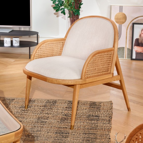 MARCEL - Poltrona stile contemporaneo in paglia di Vienna, rovere e lino, 1 posto