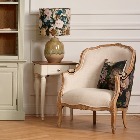 Fauteuil bergère VICTOR GRAPHITE, lin imprimé et naturel