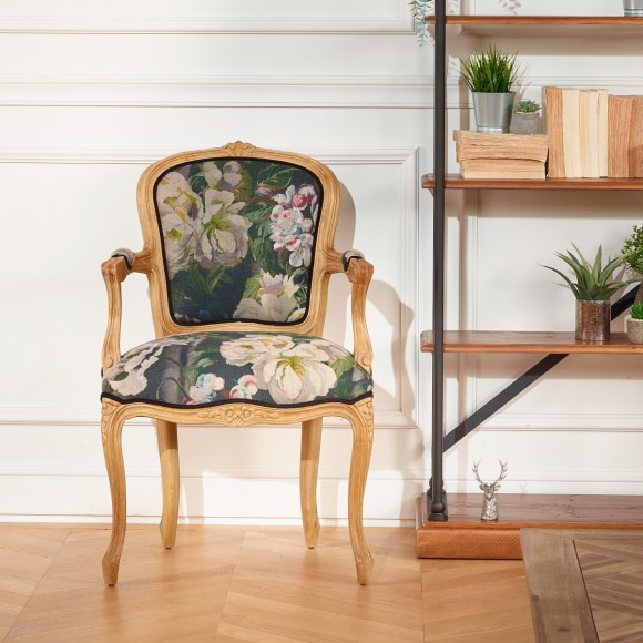 Sillón cabriolet LOUVRE GRAPHITE – Estilo romántico en tela de lino y madera maciza, 1 plaza