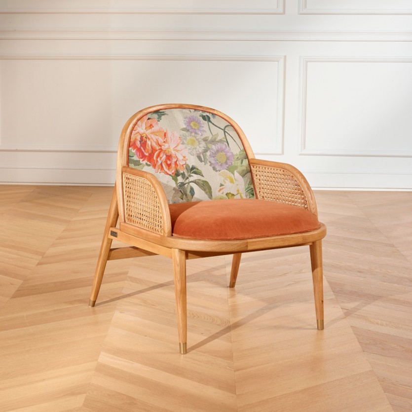 Fauteuil en cannage et velours, MARCEL TUBEROSE