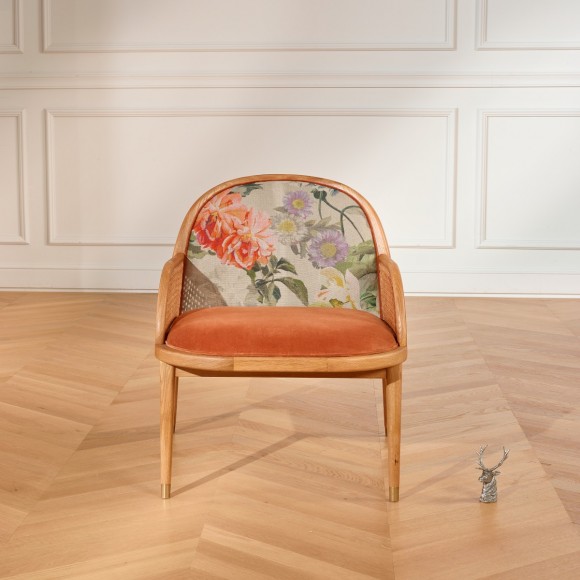 MARCEL TUBEROSE - Fauteuil style scandinave en chêne, cannage et velours, 1 place