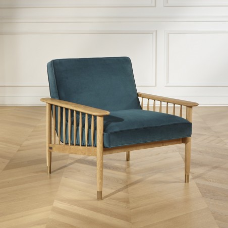 ALBERTINE - Fauteuil chêne et velours de coton bleu paon