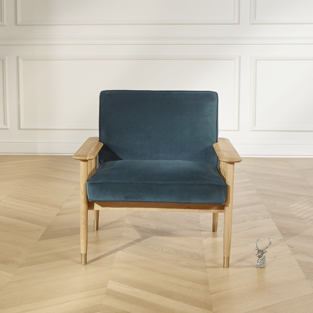 ALBERTINE Contemporary style armchair in oak and peacock blue velvet,  seat