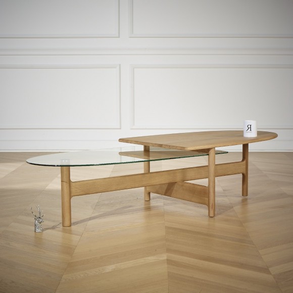 VANCOUVER - Ovaler Couchtisch im modernen Stil, Ablagen aus Massivholz und Glas