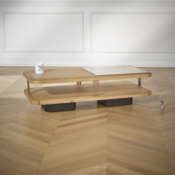 RANDY - Moderner Couchtisch aus Eiche und Glas mit zwei Ablagen