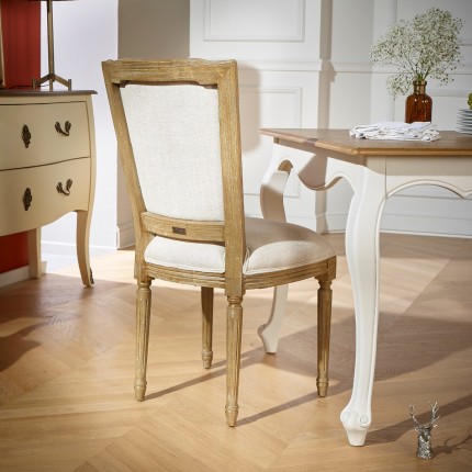 Chaises Marie Antoinette,  patine bois cérusé grisé, lin prémium