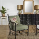 CATHERINE - Fauteuil style colonial en bois laqué noir et tissu vert sauge, 1 place