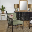 CATHERINE - Fauteuil style colonial en bois laqué noir et tissu vert sauge, 1 place