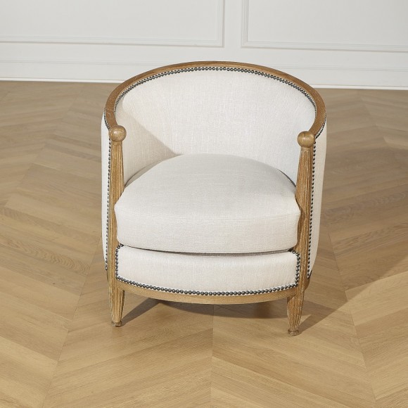 CAROLE - Art Deco style armchair in fire-resistant beige fabric and solid oak, 1 seat