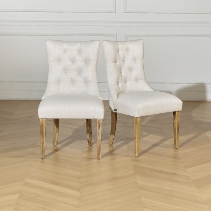 OPHELIA - Lot de 2 chaises capitonnées, acacia massif, tissu beige