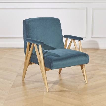 Fauteuil scandinave en bois et velours