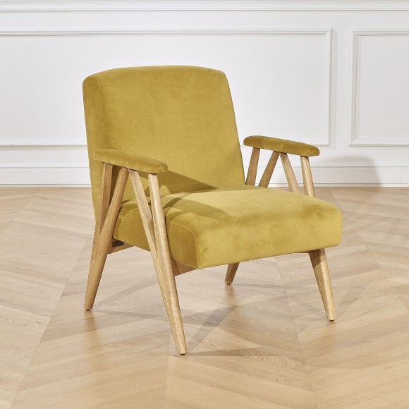 Fauteuil scandinave en bois et velours