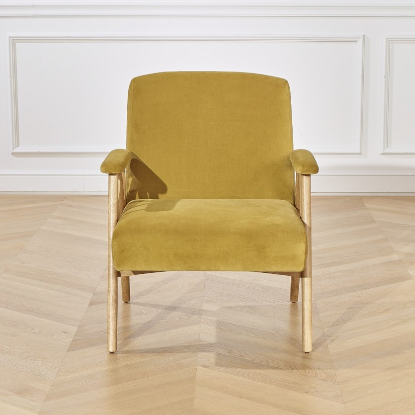 Fauteuil scandinave en bois et velours