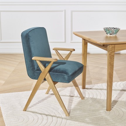 X - Fauteuil de table scandinave en bois et velours