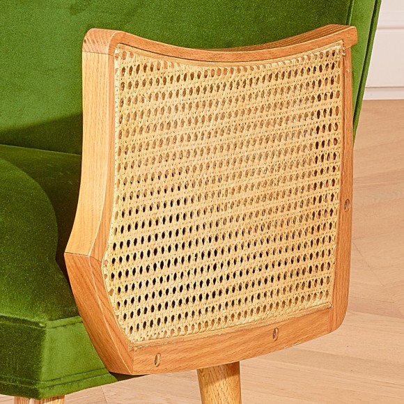 Poltrona CUBA - Stile scandinavo in rattan e velluto verde vintage, 1 posto