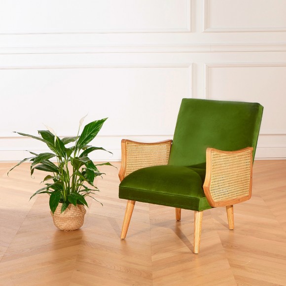 CUBA - Poltrona in stile scandinavo con intreccio e velluto verde vintage, 1 posto
