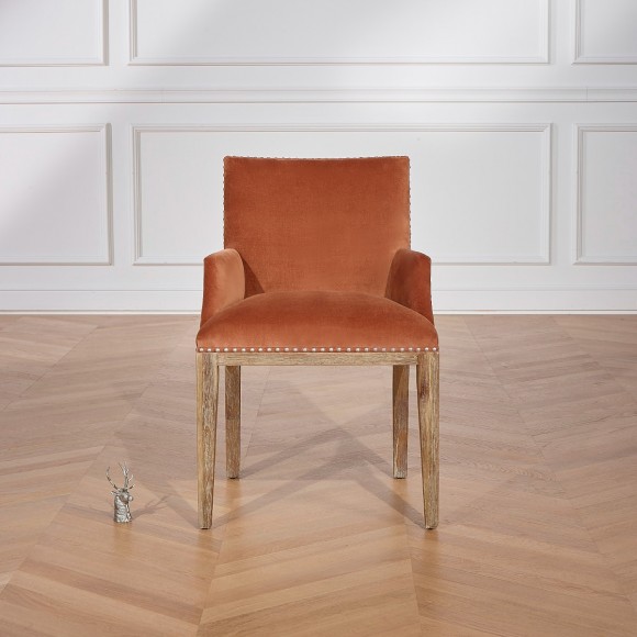 KENZA - Sillón de mesa con reposabrazos de estilo moderno en madera maciza y terciopelo, 1 plaza