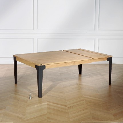 Table à manger extensible carrée à allonge intégrée, chêne et métal, 12 couverts ATHENA