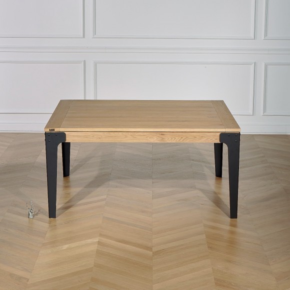 Table à manger extensible carrée à allonge intégrée, chêne et métal, 12 couverts ATHENA